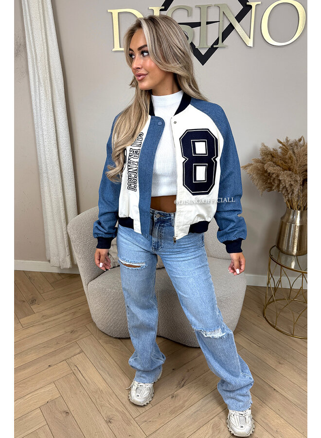 BEIGE - 'SPORTY JACKET' - SPORTY DENIM SLEEVE BOMBER JACKET