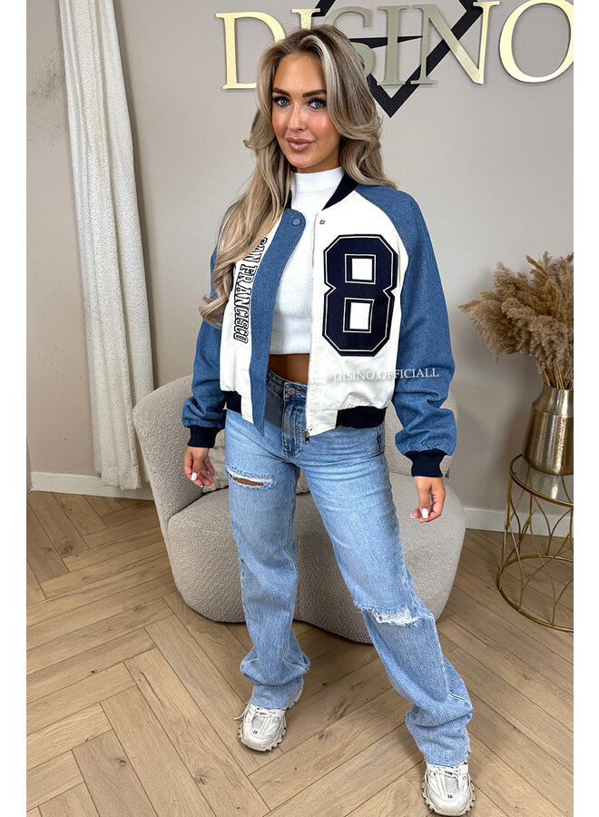 BEIGE - 'SPORTY JACKET' - SPORTY DENIM SLEEVE BOMBER JACKET