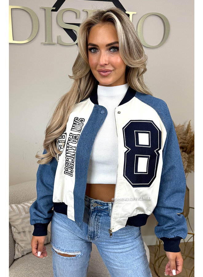 BEIGE - 'SPORTY JACKET' - SPORTY DENIM SLEEVE BOMBER JACKET