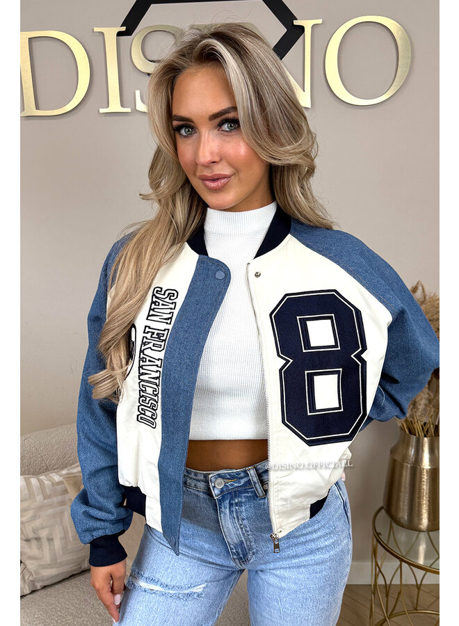 BEIGE - 'SPORTY JACKET' - SPORTY DENIM SLEEVE BOMBER JACKET