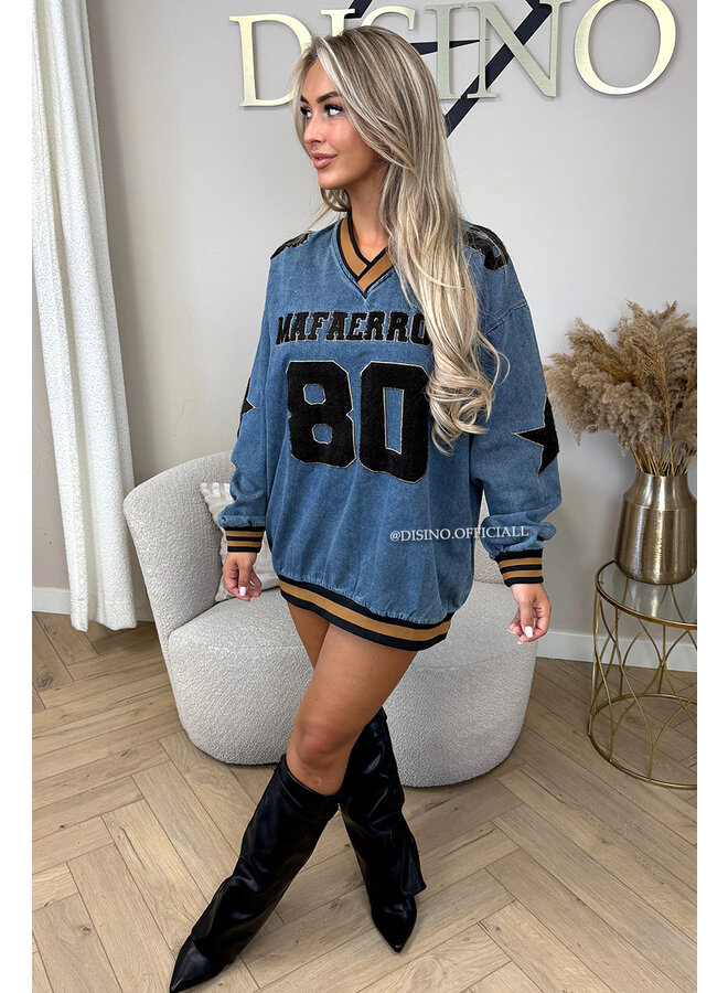 BLUE - '80's SWEATER' - DENIM OVERSIZED VARSITY SWEATER