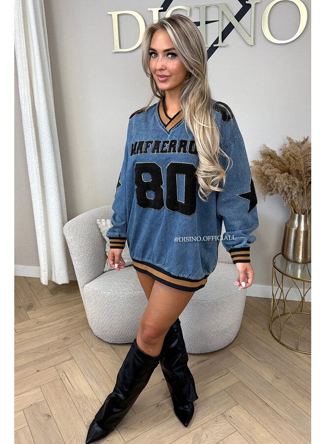 BLUE - '80's SWEATER' - DENIM OVERSIZED VARSITY SWEATER