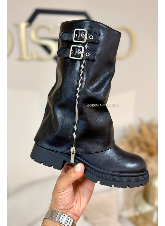 BLACK - 'SHORT BIKER BELTED BOOTS' - PREMIUM QUALITY OVERLAY BOOTS