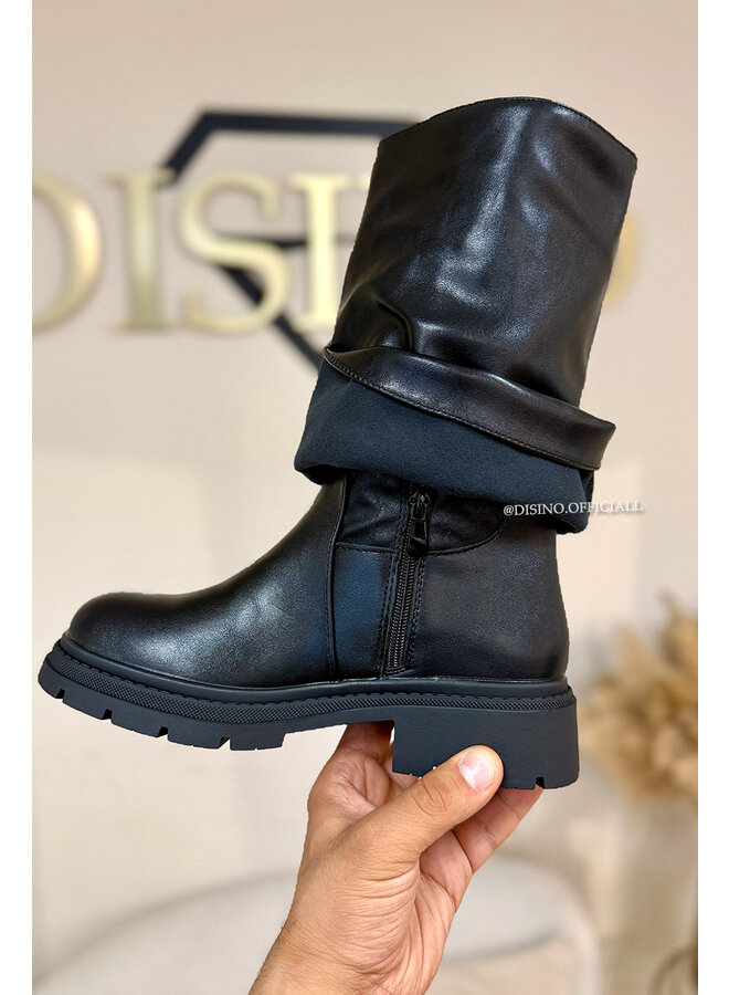 BLACK - 'SHORT BIKER BELTED BOOTS' - PREMIUM QUALITY OVERLAY BOOTS