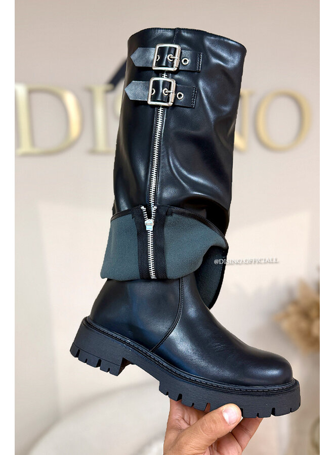 BLACK - 'BIKER BELTED BOOTS' - PREMIUM QUALITY OVERLAY BOOTS