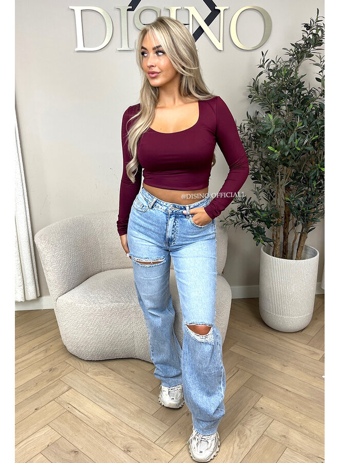 BORDEAUX - 'KIMMSS CROPPED TOP' - PERFECT FIT V-NECK LONG SLEEVE TOP