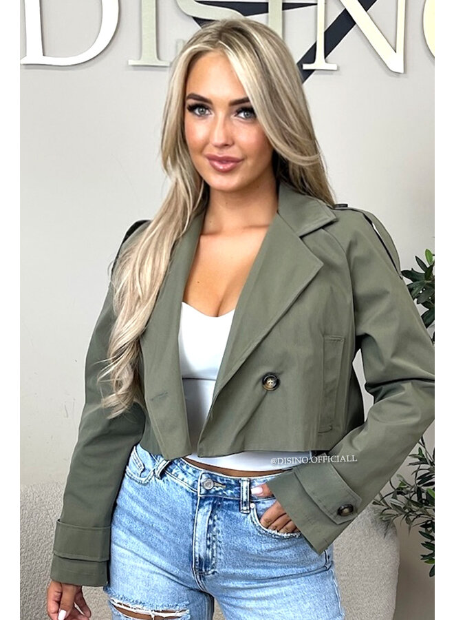 KHAKI GREEN - 'MELISS V2' - CROPPED TRENCH JACKET