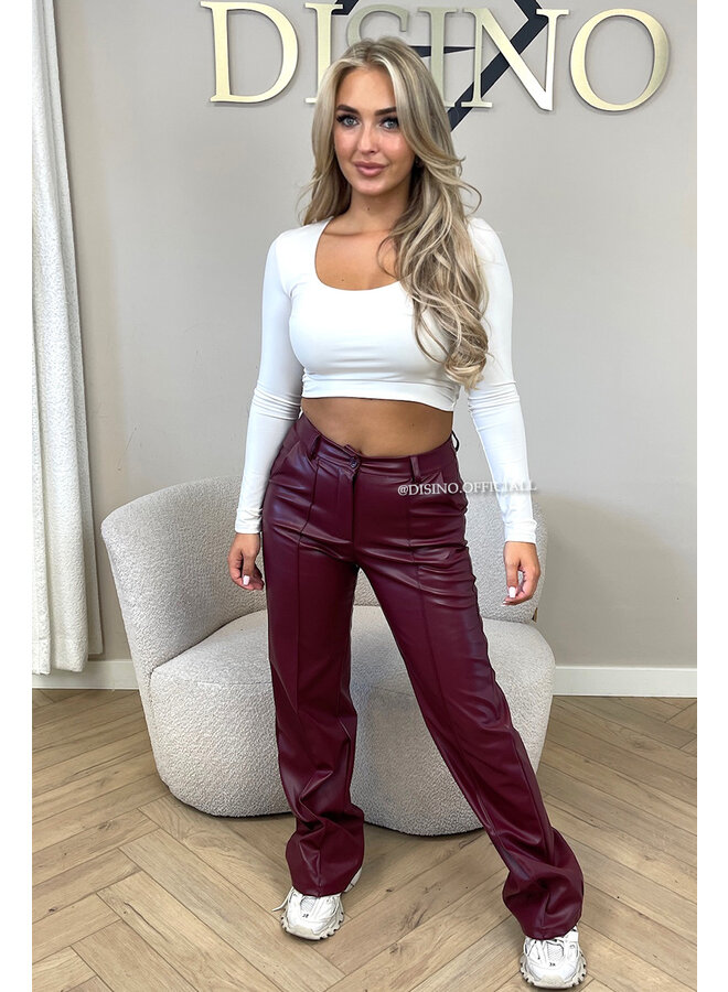 BORDEAUX - 'SKYLA LEATHER' - HIGH WAIST VEGAN LEATHER STRAIGHT LEG PANTS