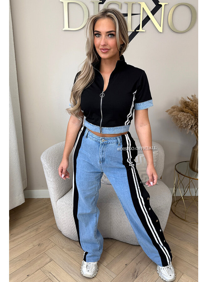BLACK -  'EZRA SET' - HALF DENIM STRIPED TRACKSUIT