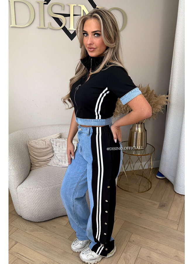 BLACK -  'EZRA SET' - HALF DENIM STRIPED TRACKSUIT