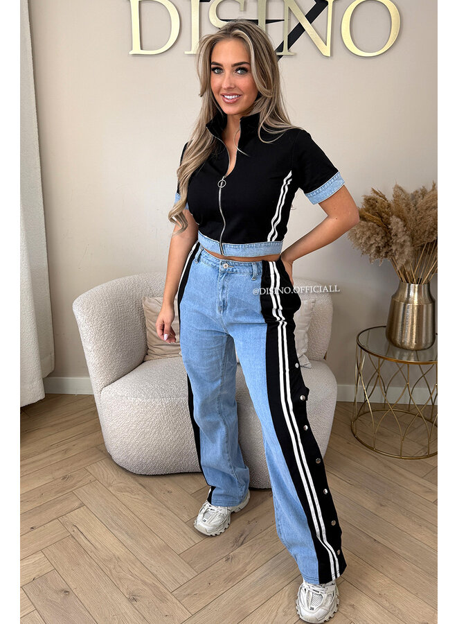 BLACK -  'EZRA SET' - HALF DENIM STRIPED TRACKSUIT