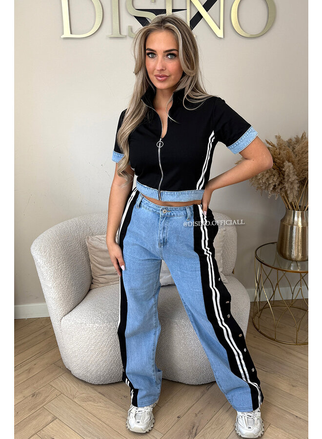 BLACK -  'EZRA SET' - HALF DENIM STRIPED TRACKSUIT
