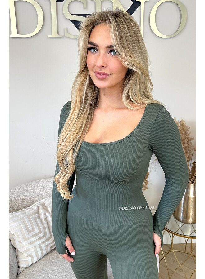 KHAKI GREEN - 'JAMILLA JUMPSUIT' - SUPER SHAPING RIBBED JUMPSUIT