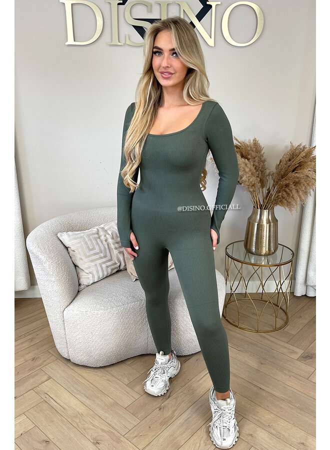 KHAKI GREEN - 'JAMILLA JUMPSUIT' - SUPER SHAPING RIBBED JUMPSUIT