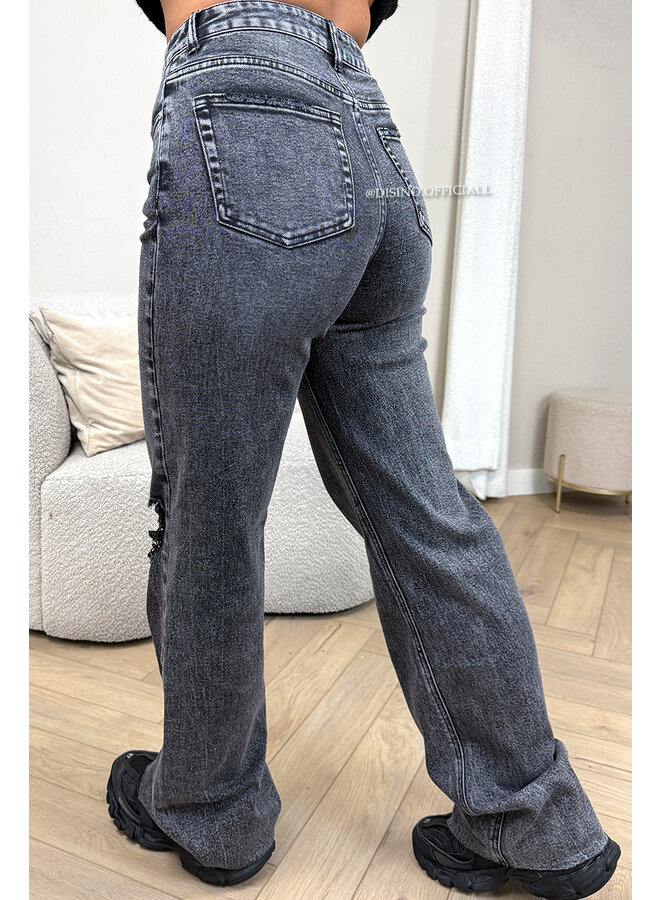 WASHED BLACK - 'DISINO JEANS' - STRETCH EXTRA LONG RIPPED KNEE WIDE LEG JEANS