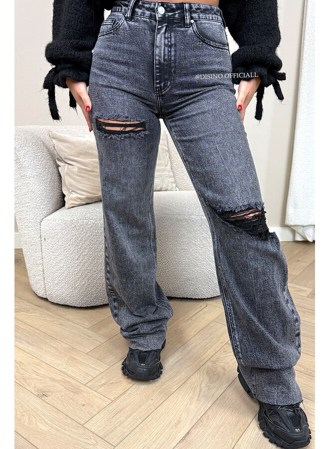 WASHED BLACK - 'DISINO JEANS' - STRETCH EXTRA LONG RIPPED KNEE WIDE LEG JEANS