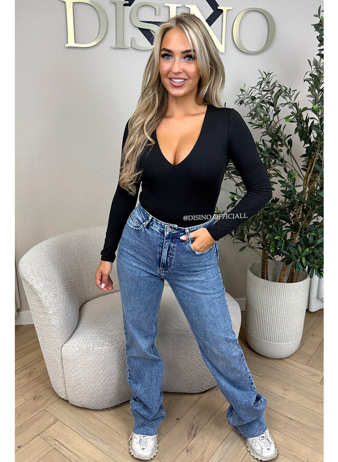 BLACK - 'VICKY BODY' - TRAVEL QUALITY V-NECK LONGSLEEVE BODYSUIT