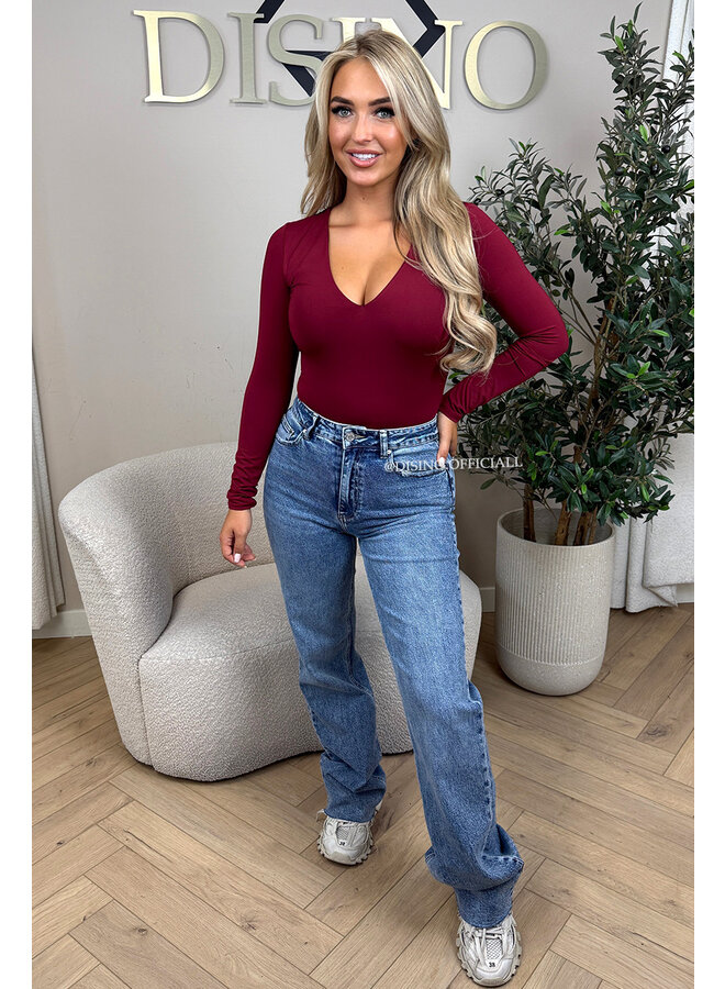 BORDEAUX - 'VICKY BODY' - TRAVEL QUALITY V-NECK LONGSLEEVE BODYSUIT