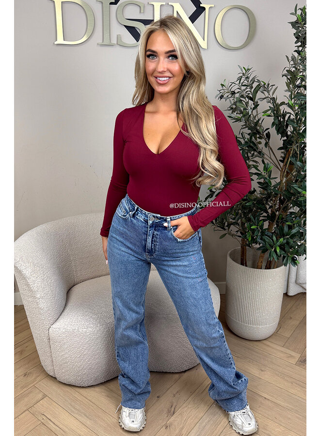 BORDEAUX - 'VICKY BODY' - TRAVEL QUALITY V-NECK LONGSLEEVE BODYSUIT