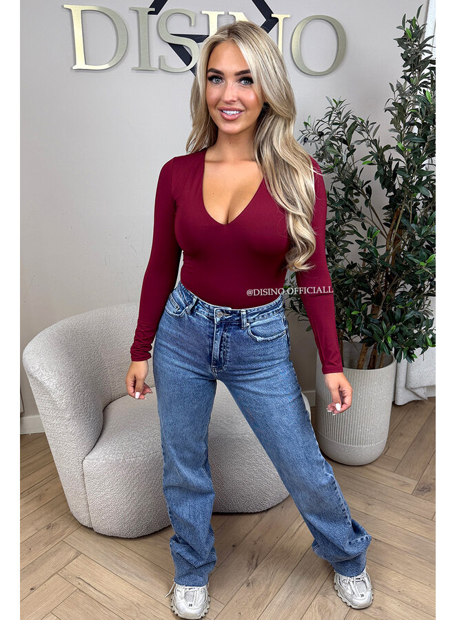 BORDEAUX - 'VICKY BODY' - TRAVEL QUALITY V-NECK LONGSLEEVE BODYSUIT