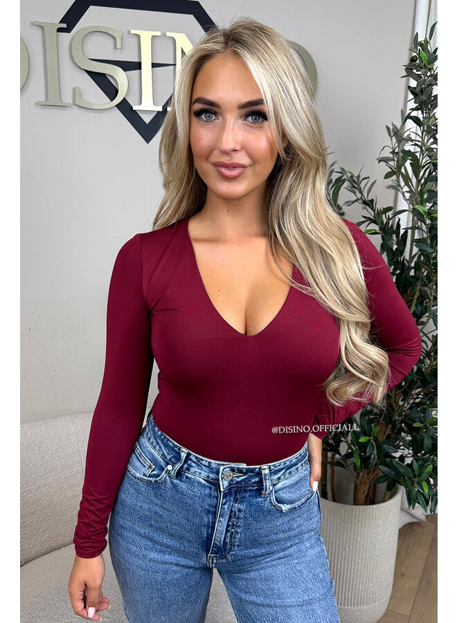 BORDEAUX - 'VICKY BODY' - TRAVEL QUALITY V-NECK LONGSLEEVE BODYSUIT