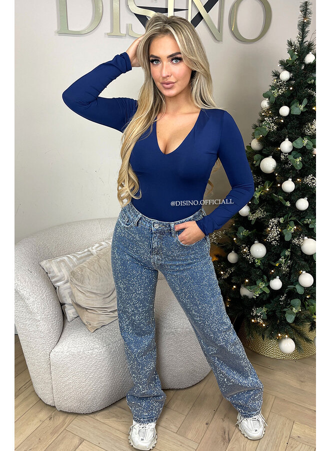 NAVY BLUE - 'VICKY BODY' - TRAVEL QUALITY V-NECK LONGSLEEVE BODYSUIT