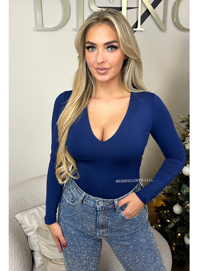 NAVY BLUE - 'VICKY BODY' - TRAVEL QUALITY V-NECK LONGSLEEVE BODYSUIT