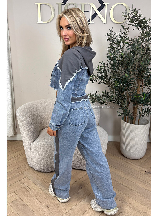 GREY - 'KENZA SET' - JOGGER DETAILS WIDE LEG JEANS + TOP SET