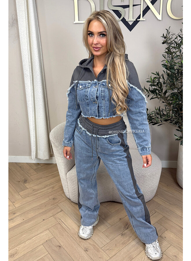 GREY - 'KENZA SET' - JOGGER DETAILS WIDE LEG JEANS + TOP SET