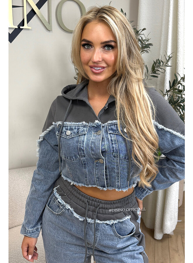 GREY - 'KENZA SET' - JOGGER DETAILS WIDE LEG JEANS + TOP SET