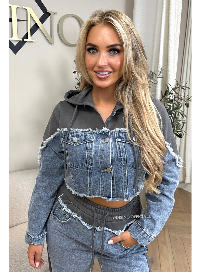 GREY - 'KENZA SET' - JOGGER DETAILS WIDE LEG JEANS + TOP SET