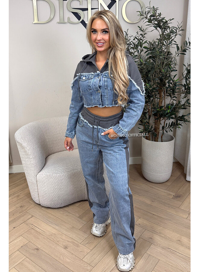 GREY - 'KENZA SET' - JOGGER DETAILS WIDE LEG JEANS + TOP SET