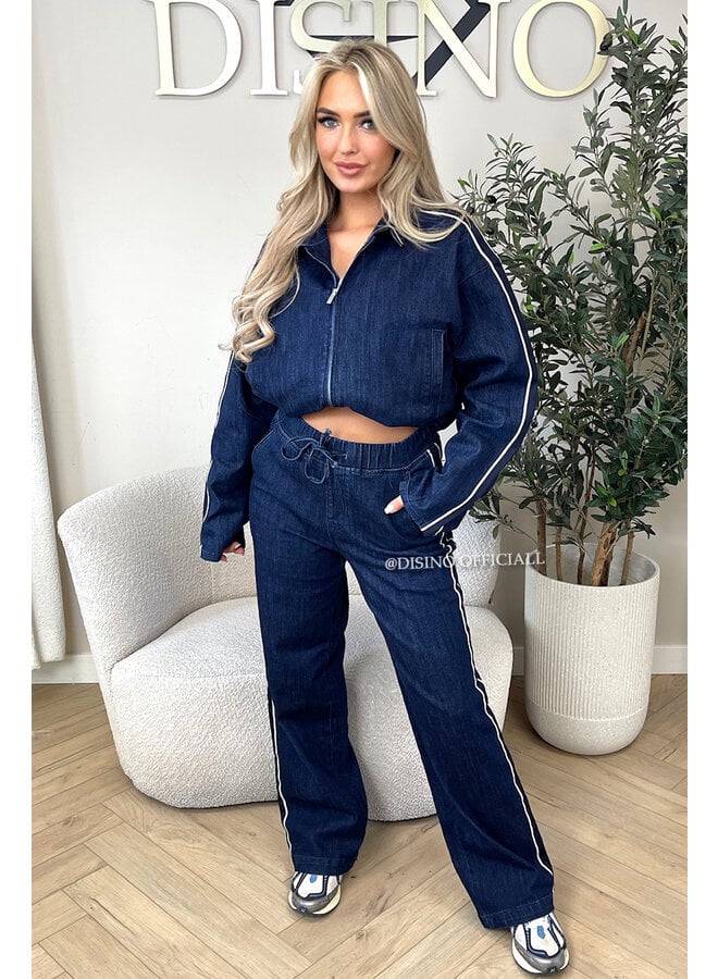 DARK BLUE - 'CHRISTY SET' - STRIPED WIDE LEG JEANS + ZIPPER VEST SET