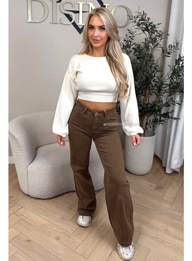 BROWN - 'MANHATTAN' - SUPER STRETCH HIGH WAIST WIDE LEG JEANS