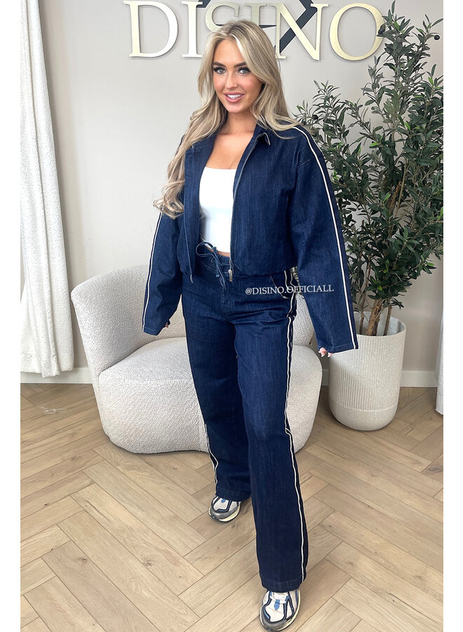 DARK BLUE - 'CHRISTY SET' - STRIPED WIDE LEG JEANS + ZIPPER VEST SET