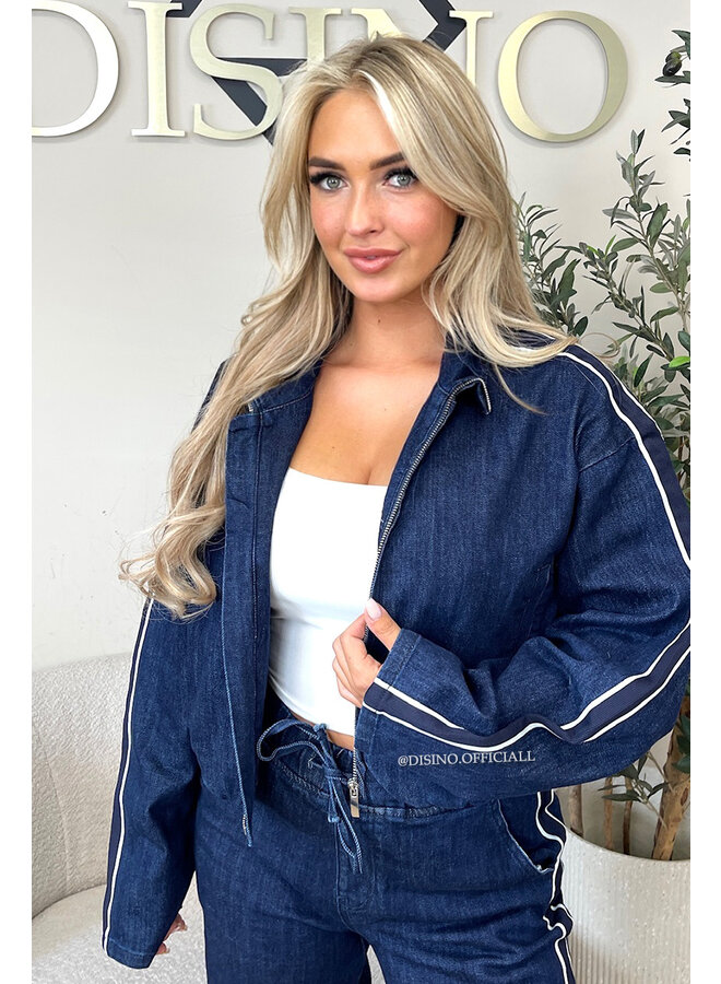 DARK BLUE - 'CHRISTY SET' - STRIPED WIDE LEG JEANS + ZIPPER VEST SET