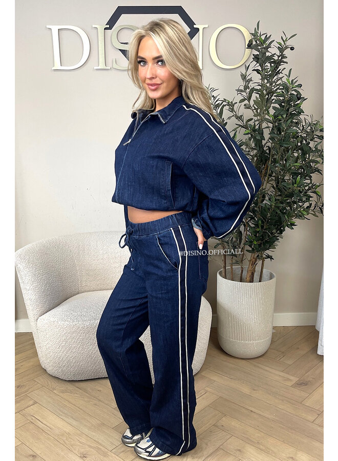 DARK BLUE - 'CHRISTY SET' - STRIPED WIDE LEG JEANS + ZIPPER VEST SET