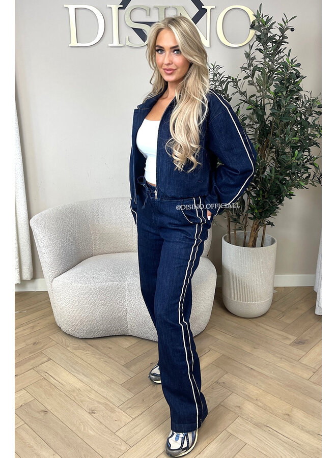 DARK BLUE - 'CHRISTY SET' - STRIPED WIDE LEG JEANS + ZIPPER VEST SET