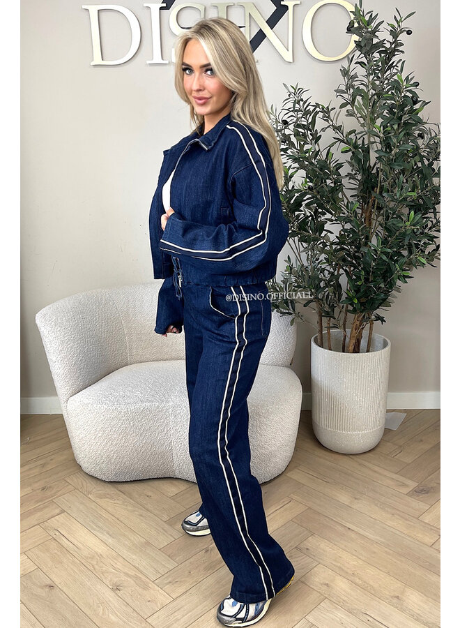 DARK BLUE - 'CHRISTY SET' - STRIPED WIDE LEG JEANS + ZIPPER VEST SET