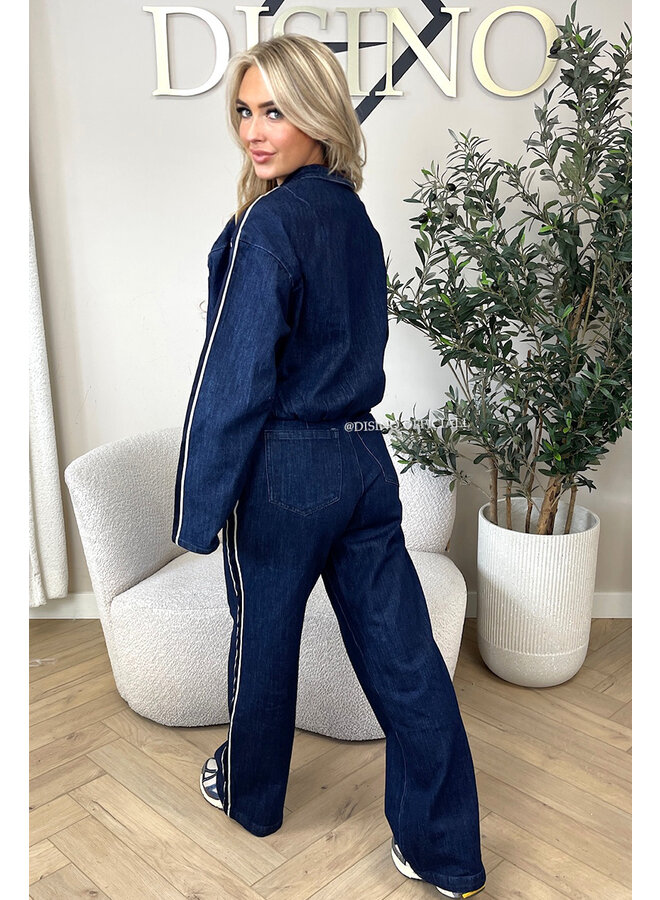 DARK BLUE - 'CHRISTY SET' - STRIPED WIDE LEG JEANS + ZIPPER VEST SET