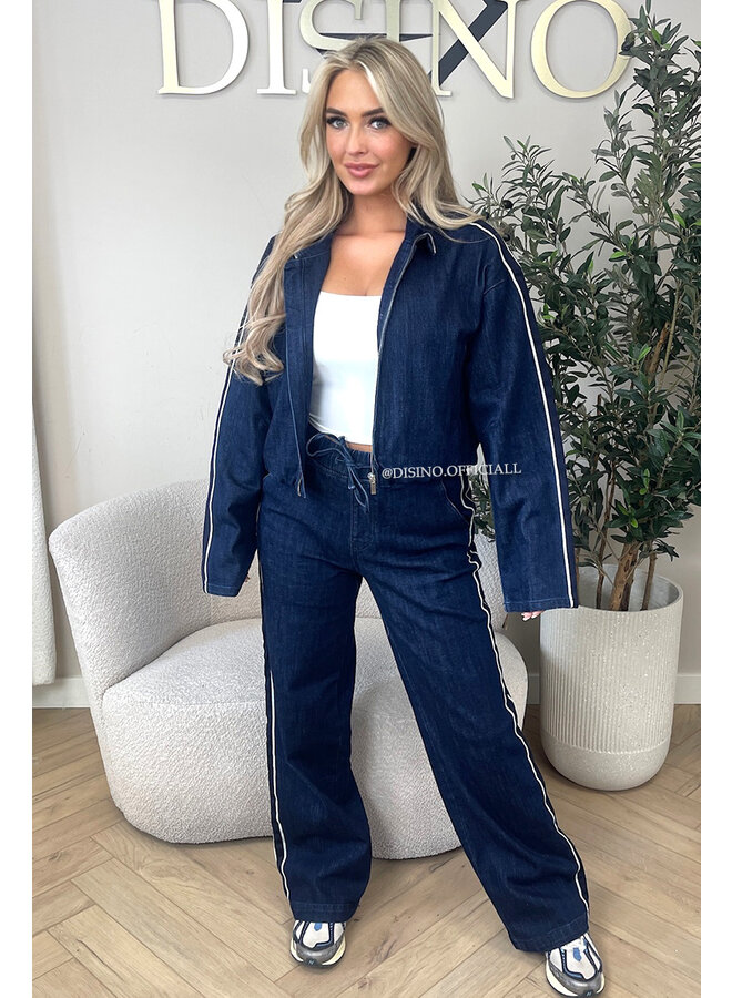 DARK BLUE - 'CHRISTY SET' - STRIPED WIDE LEG JEANS + ZIPPER VEST SET
