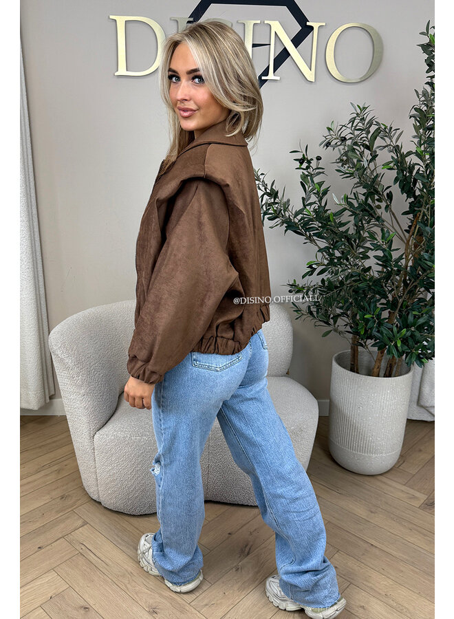 BROWN - 'SUEDE JENNIFER' - OVERSIZED PUFF SHOULDER JACKET