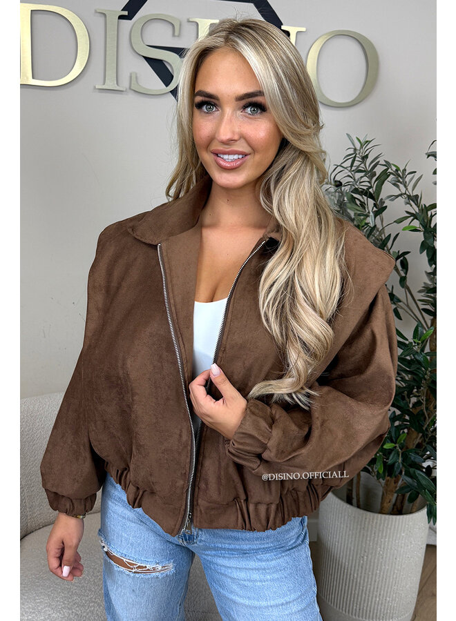 BROWN - 'SUEDE JENNIFER' - OVERSIZED PUFF SHOULDER JACKET