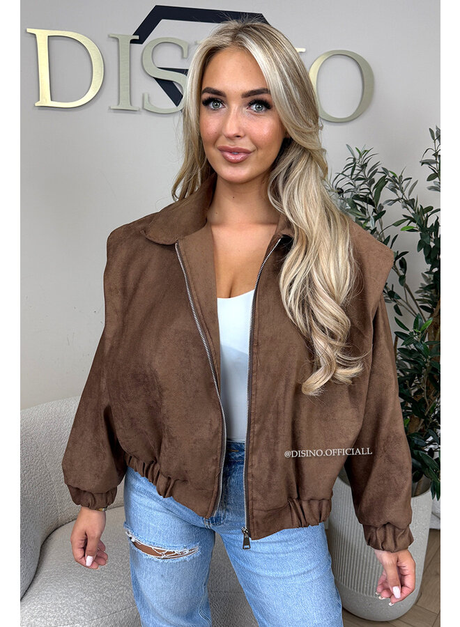 BROWN - 'SUEDE JENNIFER' - OVERSIZED PUFF SHOULDER JACKET