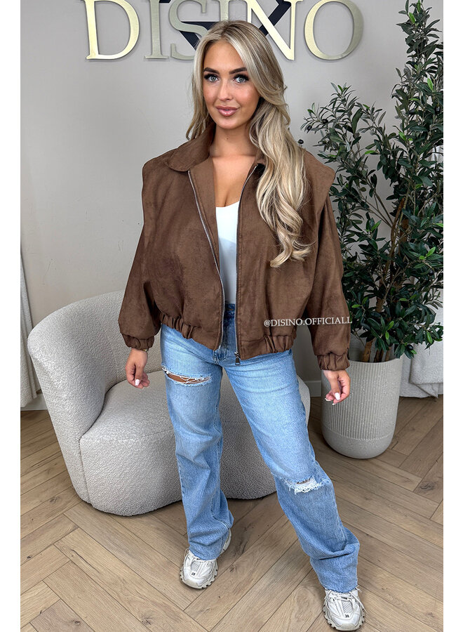BROWN - 'SUEDE JENNIFER' - OVERSIZED PUFF SHOULDER JACKET