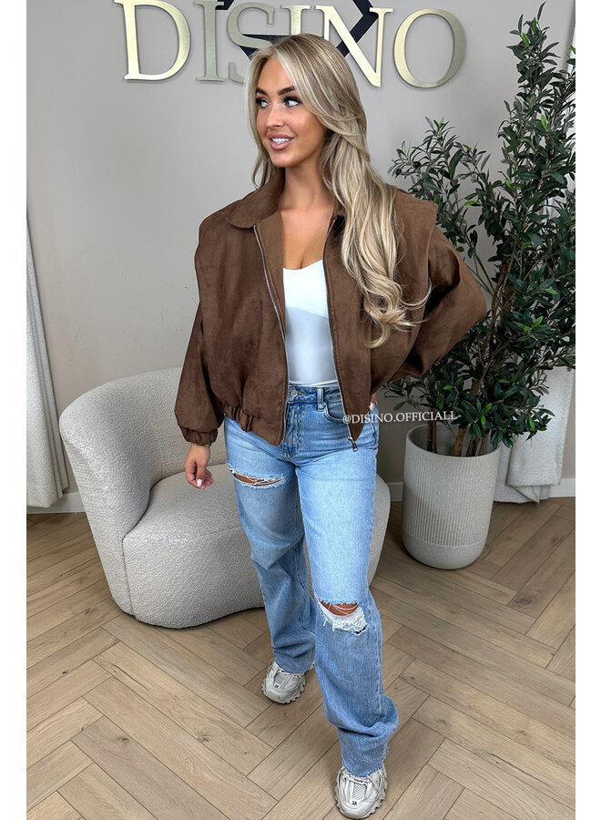 BROWN - 'SUEDE JENNIFER' - OVERSIZED PUFF SHOULDER JACKET