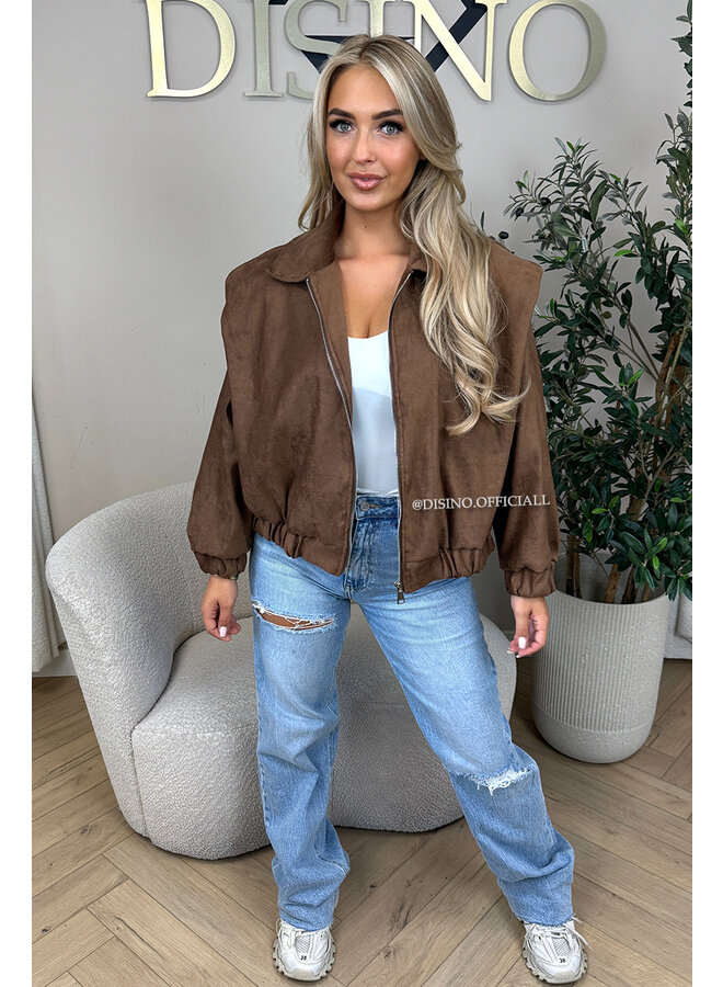 BROWN - 'SUEDE JENNIFER' - OVERSIZED PUFF SHOULDER JACKET