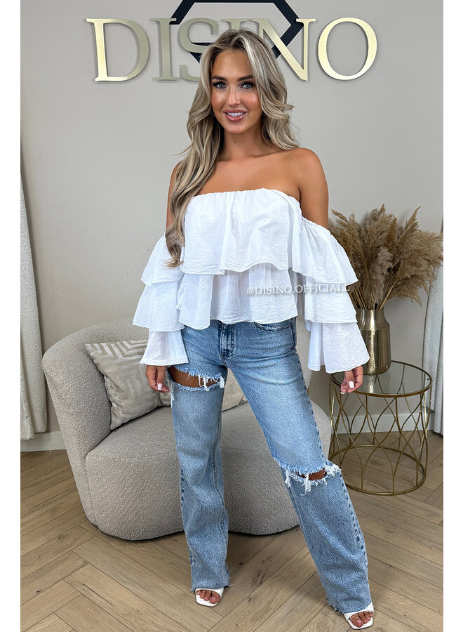 WHITE - 'LAYLA TOP' - RUFFLE OFF SHOULDER TOP