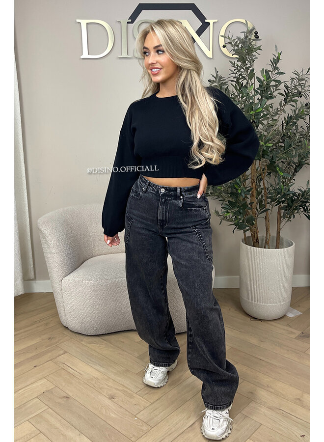 BLACK  - 'ILAYDA KNIT' - CROPPED BELL SLEEVE KNIT