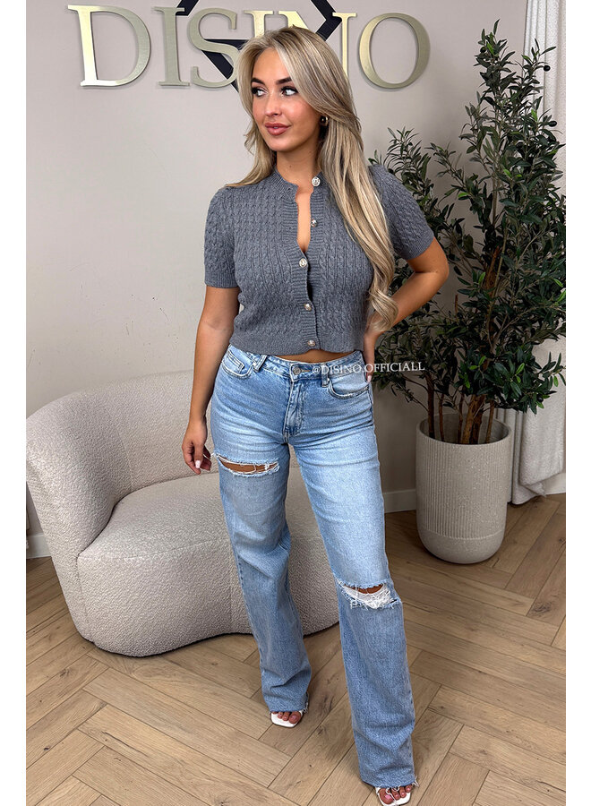 GREY - 'CELESTE TOP' - GOLD BUTTON KNITTED TOP